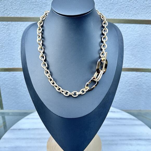 Unbranded Jewelry - Gold Tone Chain Necklace Chunky Toggle Tortoise Shell Lucite Link Layering Vtg